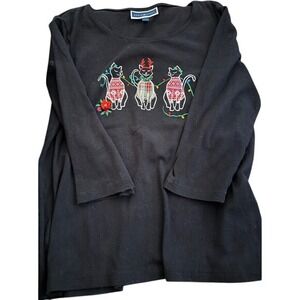 Christmas Holiday Embroidered Cats  Karen Scott Black 3/4 Sleeve T Shirt L